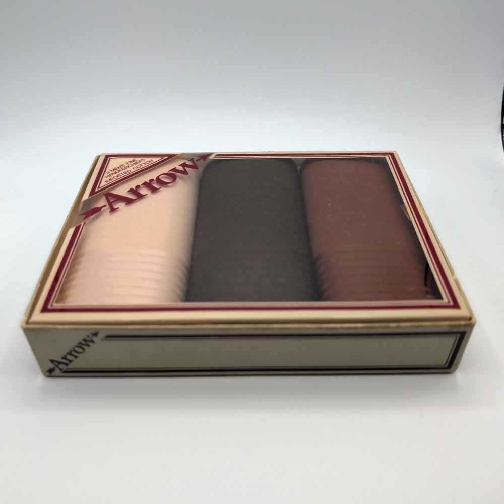 Vintage Box Set of 3 Men's Arrow Handkerchiefs - New - Beige, Brown, Dark Brown